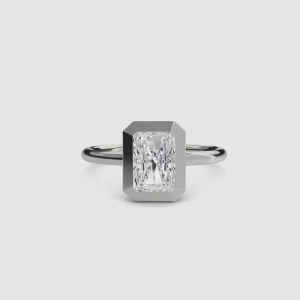 Radiant cut diamond bezel setting solitaire engagement ring in white gold