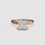 
360 view of a rose gold solitaire engagement ring featuring a large princess-cut diamond secured by eight ball-tipped prongs in a floral basket setting, with a plain polished tapered band