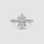 White gold ring with a marquise-cut diamond on the center and side stones marquise and round on a white background