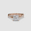 Rose gold ring with a large princess-cut diamond and smaller pave diamonds on the twisted band against a white background
