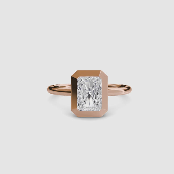 Radiant cut diamond bezel setting solitaire engagement ring in rose gold