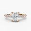 Rose gold ring with a central radiant cut diamond and marquise and round side stones on the band on a white background