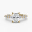 Gold ring with a central radiant cut diamond and marquise and round side stones on the band on a white background