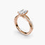 Rose gold ring with a radiant diamond on a white background