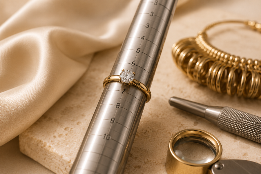 Gold ring with diamond on a ruler, surrounded by jewelry tools and gold bangles on a beige fabric background.