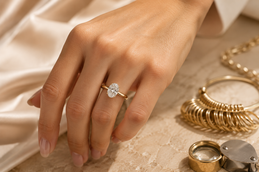 Hand wearing a gold ring with a oval shape diamond, with jewelry on a neutral background