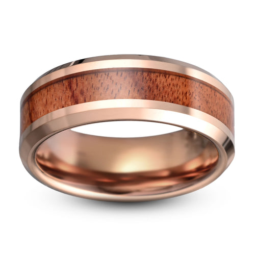 Wooden tungsten ring rose gold polished beveled edges 8mm