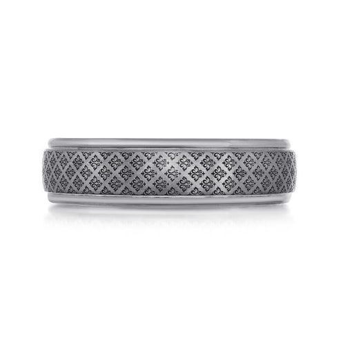 The Blackmere - Tantalum Wedding Band with Laser Engraved Pattern and Stepped Edges