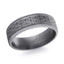 The Forgewake tantalum men's wedding band with laser engraved geometric pattern and mill grain beveled edges 7mm width