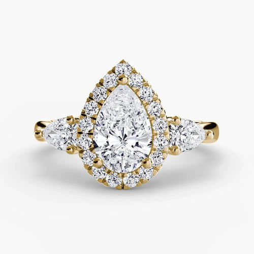 Three stone halo pave pear shaped diamond engagement ring 