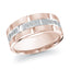 Rose gold ring with silver band and embedded diamonds on a white background