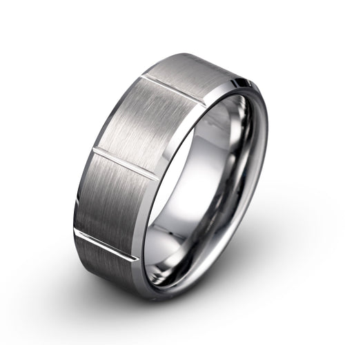 Tungsten Ring – Vertical Grooved Brushed Finish with Polished Edges