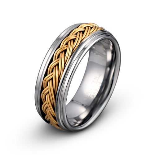 Mens tungsten ring yellow gold braid inlay 