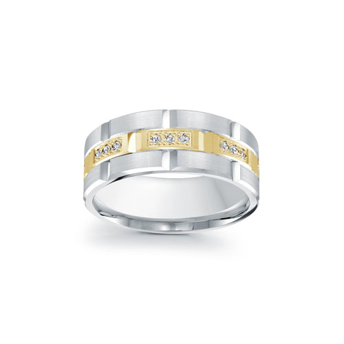 Two-tone diamond ring with gold and silver bands on a white background