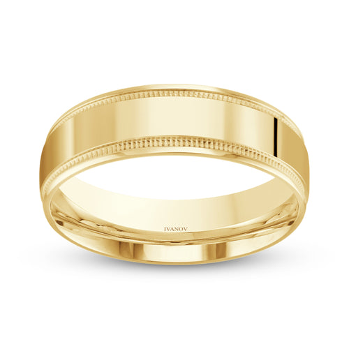 Gold ring polished mill-grained 7mm with 'IVANOV' engraving on a white background