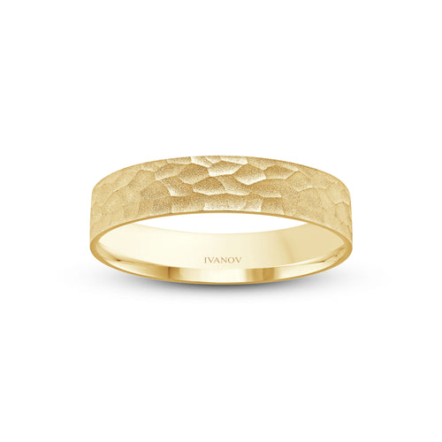 The “Level” – 14K Solid Gold. Hammered Finish. Flat 4mm Band. Free Engraving.