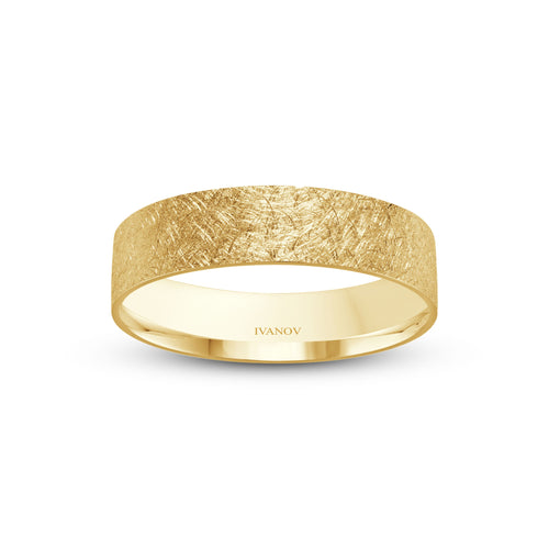 The “Trace” – 14K Solid Gold. Scratched Finish. Flat 5mm Band. Free Engraving.