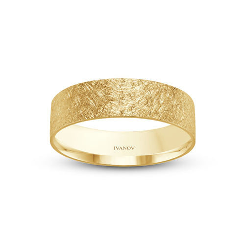 The “Artifact” – 14K Solid Gold Ring. Scratched Finish. Flat 6mm Band. Free Engraving