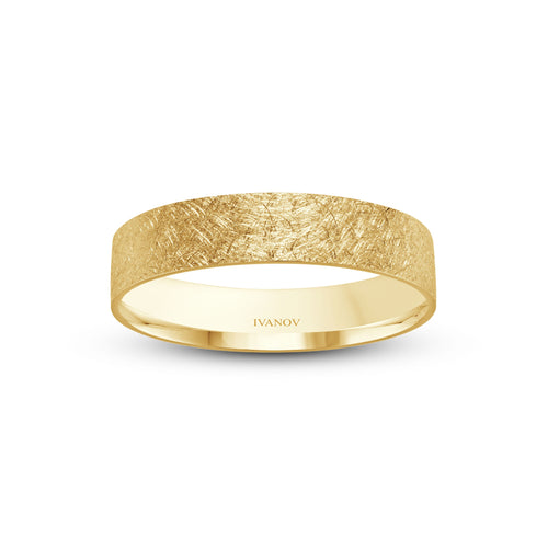 The “Span” – 14K Solid Gold. Scratched Finish. Flat 4mm Band. Free Engraving.
