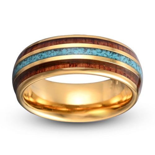 Yellow gold tungsten ring with crushed turquoise inlay and rosewood domed style 8mm width