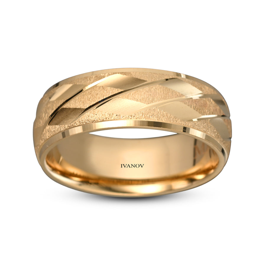 14k solid yellow gold band for men diamond cut rhombus design polished edges 8mm