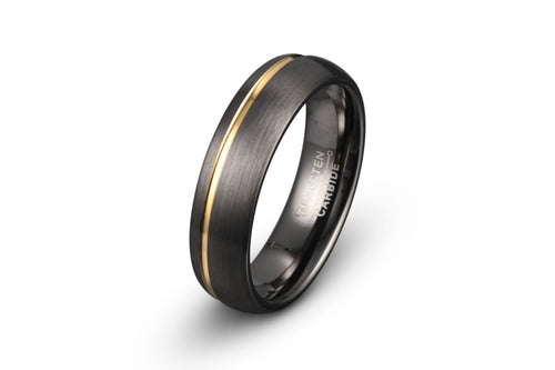 Tungsten ring in gunmetal color grooved yellow gold brushed finish 6mm wide