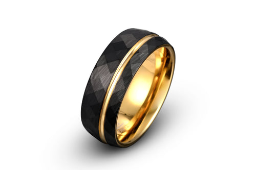 Two tone tungsten ring hammered brushed grooved