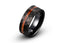 Black tungsten ring with offset wood inlay line all around the ring, brushed hammered finish 