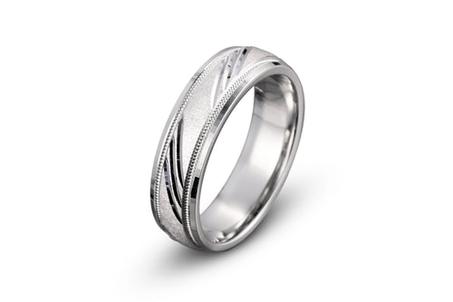 14k white gold mens wedding band brushed finish diagonal grooved mill grained polished edges 6mm wide 