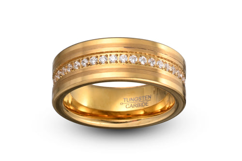 Golden Radiance Tungsten Ring - Yellow Gold with Pave CZ, 8mm Width