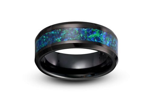 Azure Opulence Black Tungsten Ring with Blue Opal Inlay 8mm