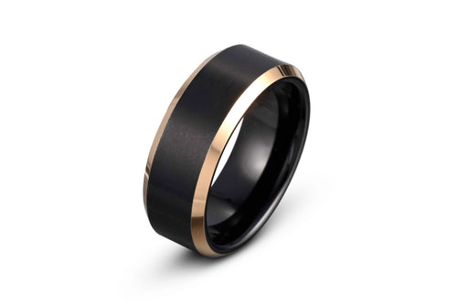 Gleaming Eternity: Black & Rose Gold Tungsten Ring