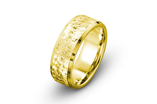 Mens Wedding Ring in 14k yellow gold diamond cut design finish with polished edges, 8mm wide. 