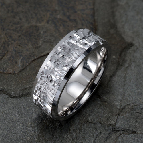 Men's wedding band in 14k white gold, diamond cut finish design, polished edges, 8mm width