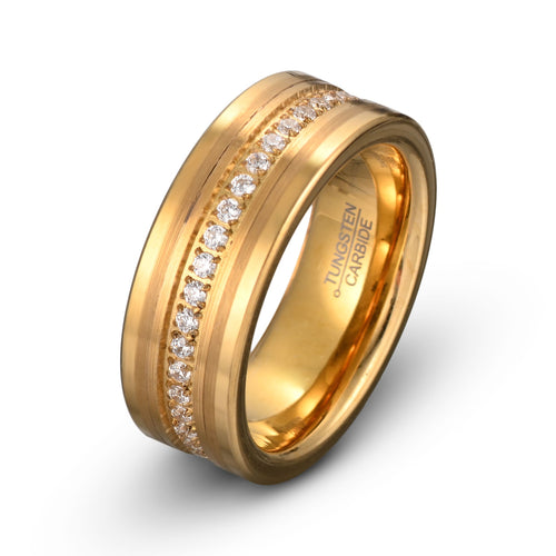 Golden Radiance Tungsten Ring - Yellow Gold with Pave CZ, 8mm Width