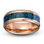 Rose gold tungsten ring blue opal inlay polished beveled edges 8mm