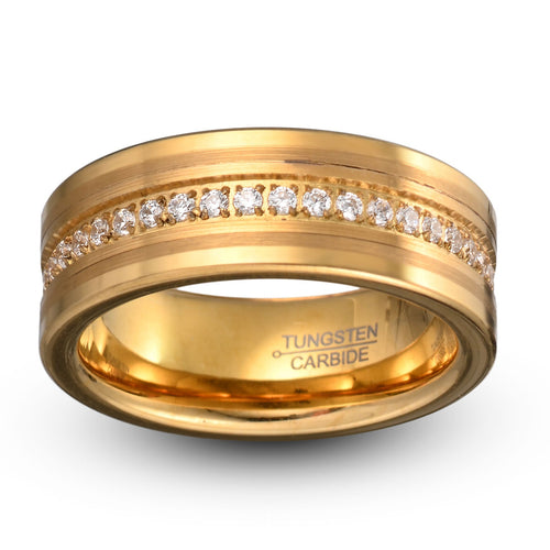 Yellow gold tungsten ring eternity pave CZ around the ring 